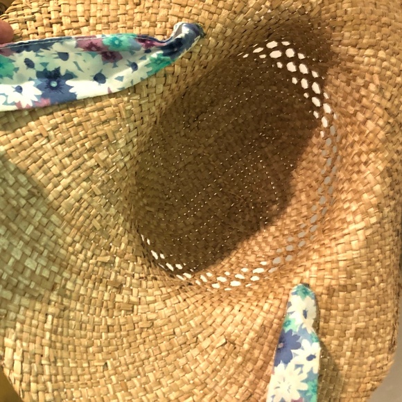 Vintage Country Farmhouse Gardening Decorative Straw Hat/Blue Floral Fabric Ties - Picture 3 of 4